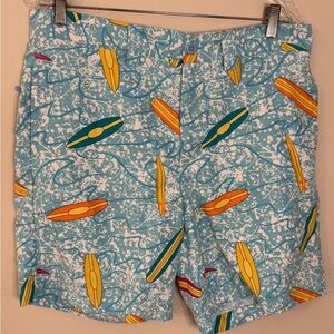 Liquid Flow surfer swim shorts surfboard pattern zip button mesh pockets SZ 34W